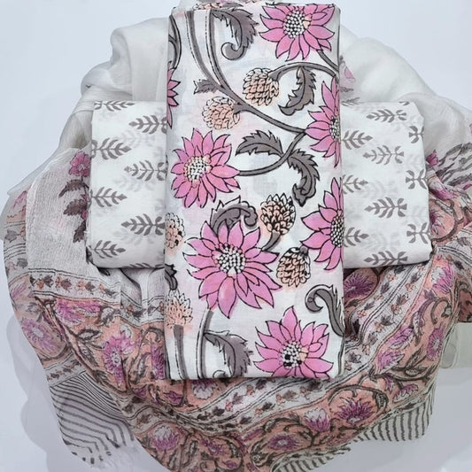 White and Pink Floral Cotton Suit with Chiffon Dupatta ( CH2709 )